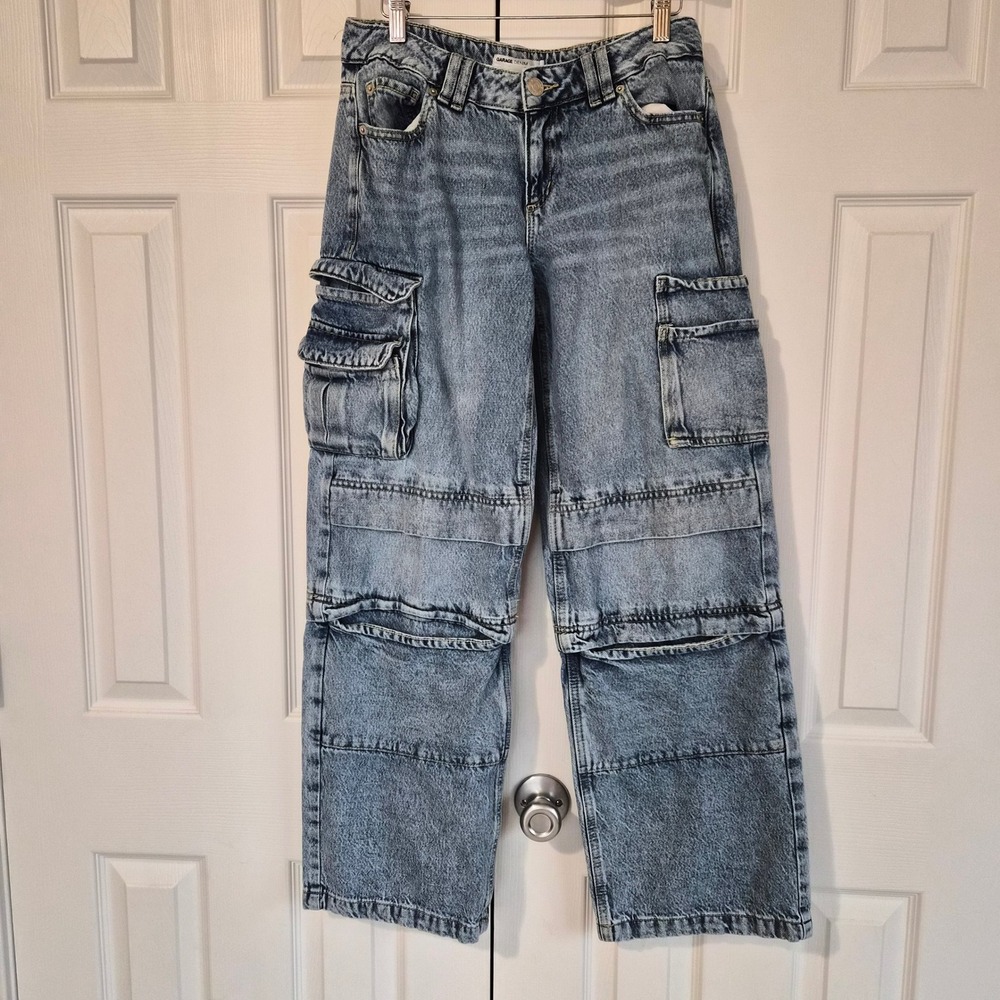 Garage Denim Light Wash Cargo Jeans Wide Leg Blue Acid Wash 5 27 Utility 90s